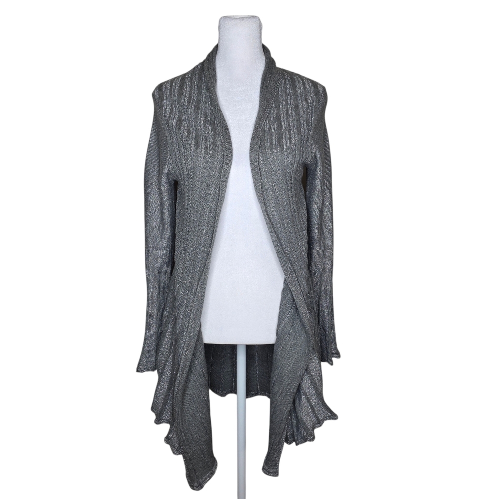 Lauren Michelle silver metallic open-front cardigan ruffled hem Petite Medium